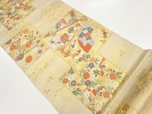 色紙に扇・鴛鴦・草花模様織出し袋帯